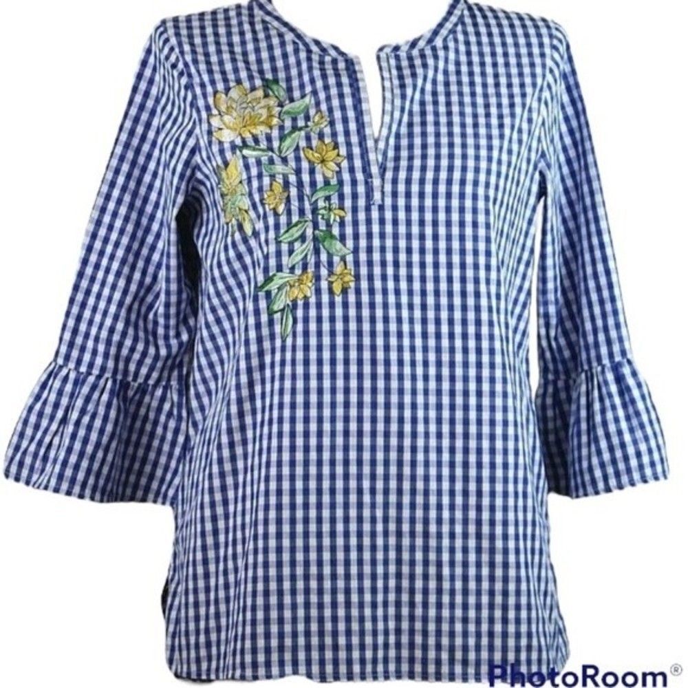Avon Blue and White Gingham Embroidered Bell Sleeve Top